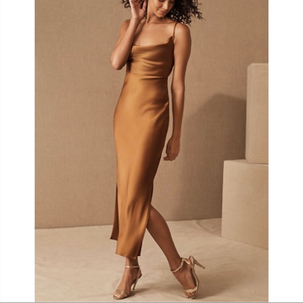BHLDN Cali Satin Charmeuse Midi Dress in Rust